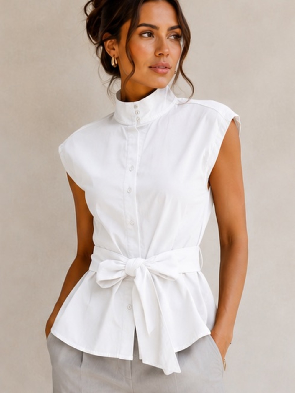 Mexx White Sleeveless Tie-Waist Blouse